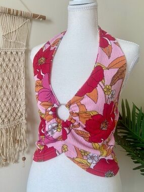 Kontrol Contemporary halter ring top vibrant "sunset" floral print medium